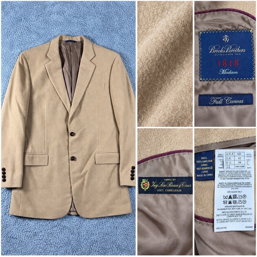 Brooks Brothers Loro Piana Sport Coat Men 42L Tan Camel Hair Madison Leather Bu
